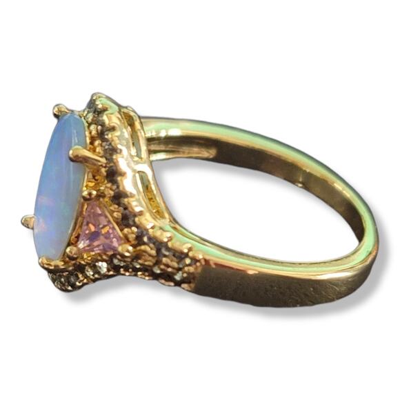 Gold Oval Created Opal Trillion Pink Sapphire and Green Peridot Ladies Ring S 10 - Picture 3 of 6